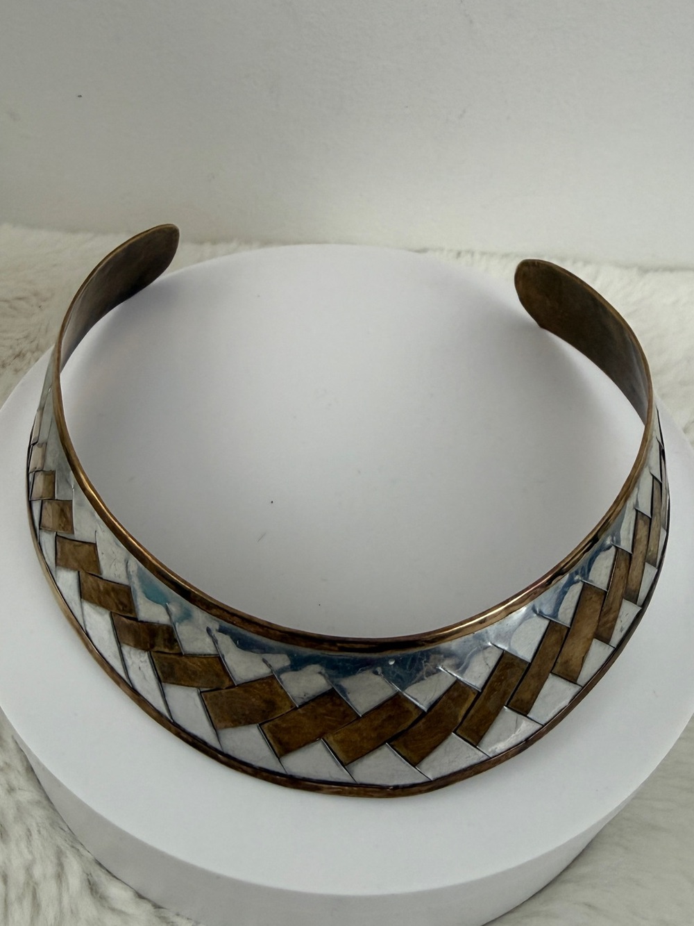 Handcrafted Braided Metal Collar Necklace - Silver tone and Brass